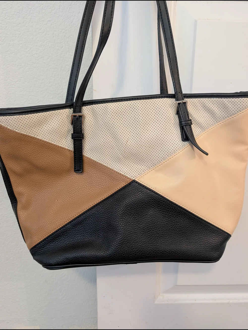 Nine West Colorblock Tote Purse in Black, Beige & Tan
